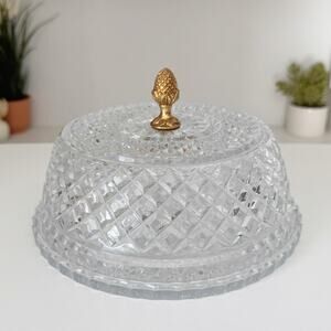 Vintage American Cut Crystal Corp Diamond Point Brass Pineapple Serving Platter